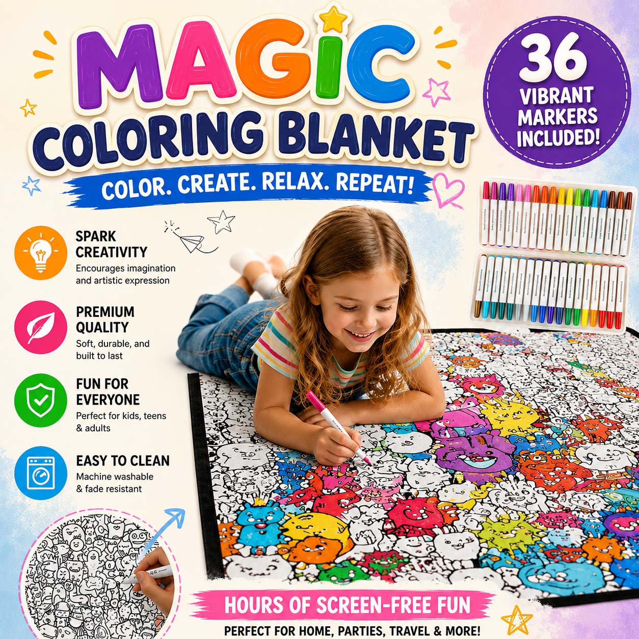 Reusable Coloring Blanket – Soft Fabric, Washable for Kids