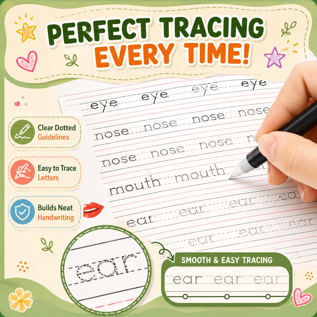 Reusable Handwriting Book – Deep Grooved Tracing Lines with Disappearing Ink